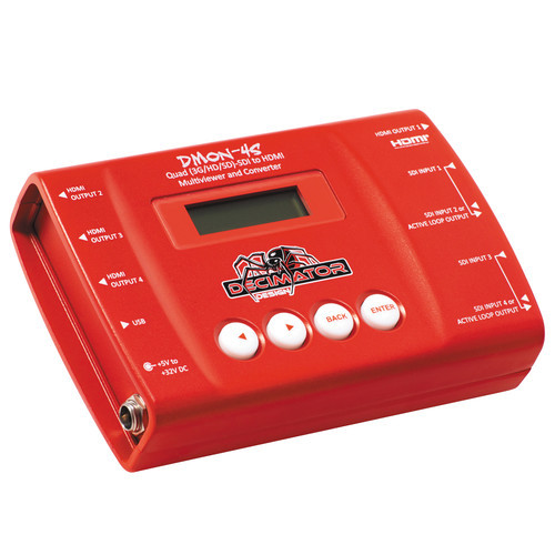 DECIMATOR DMON-4S 4 x SD / HD / 3G-SDI轉HDMI轉換器帶有四路多畫面查看器功能，可將四個獨立的SDI轉HDMI轉換器打包到一個小型的現場友好包裝中，